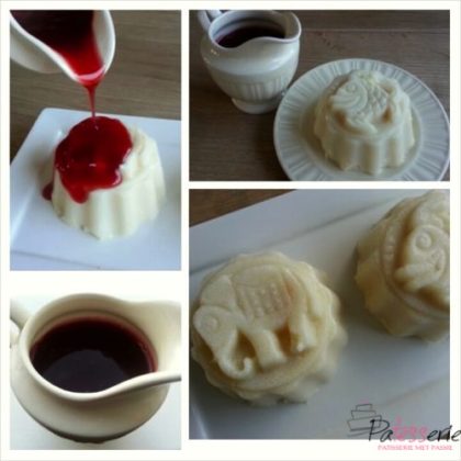 Een collage van 4 foto;s van griesmeelpudding met bessensap saus. De griesmeelpuddings zijn gemaakt in kleine puddingvormen met een olifant of vis erop.