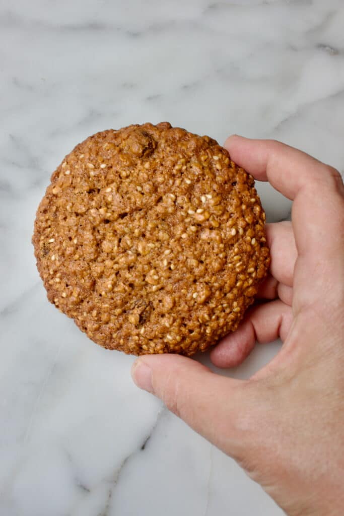 een gebakken havermout koek welke tussen duim en wijsvinger wordt vasthouden om de grootte aan te geven