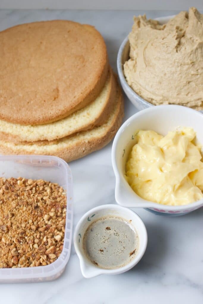ingredienten voor een mokka taart: een biscuit in drie lagen, mokka creme, een bakje met banketbakkersroom, een kommetje koffie extract en een bakje met nougatine
