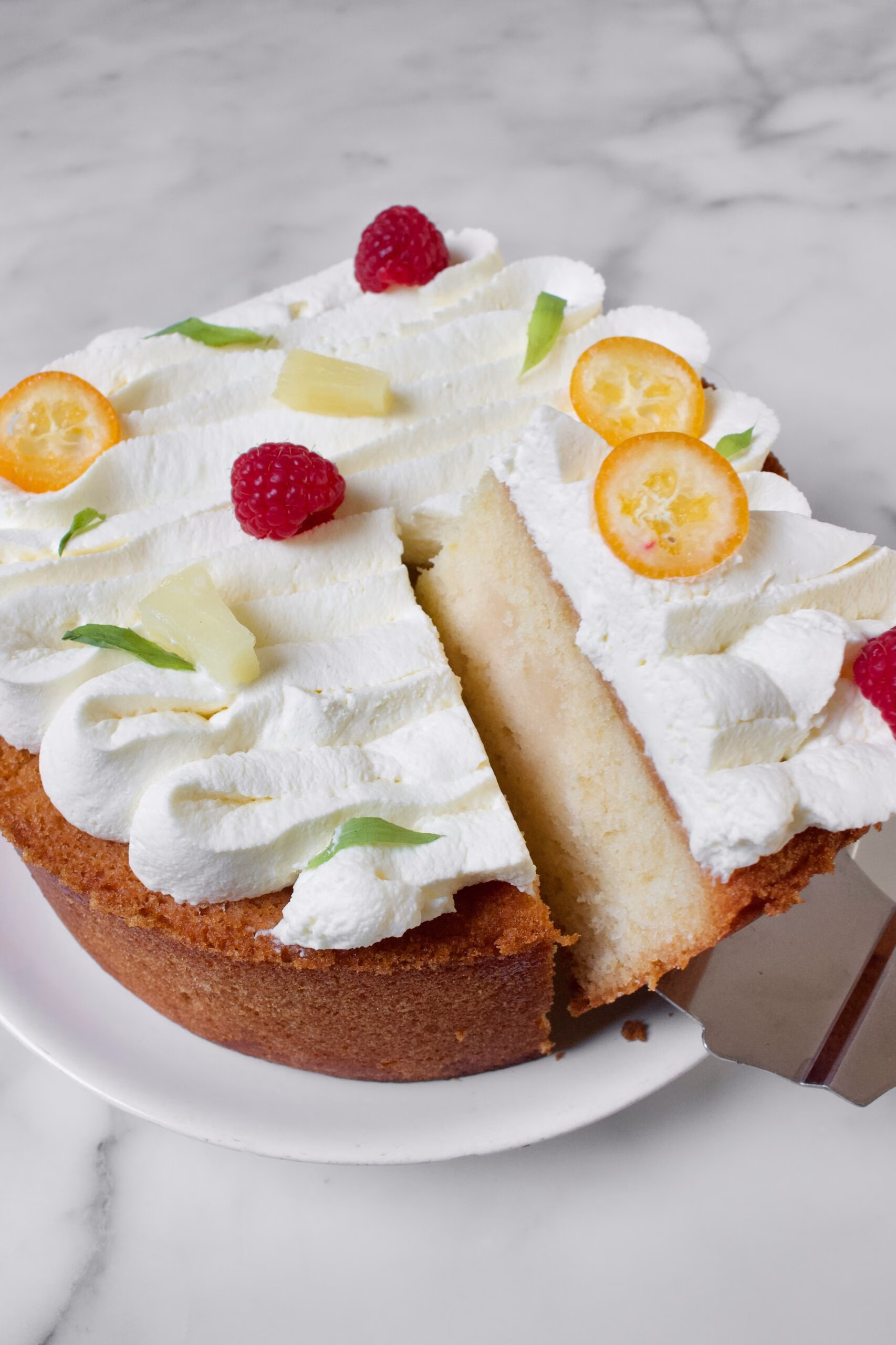 ronde cake met cacaosap erin. Gedecoreerd met slagroom en vers fruit zoals framboos, kumquat en ananas